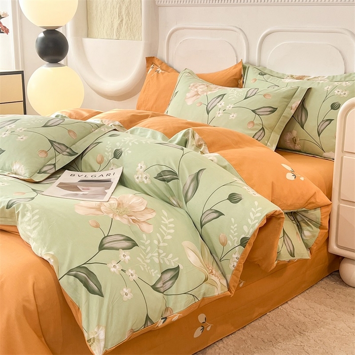 91家纺网 家纺一手货源 找家纺 帛美家纺 2026新款小清新全棉纯棉印花四件套 叶语悠然-绿