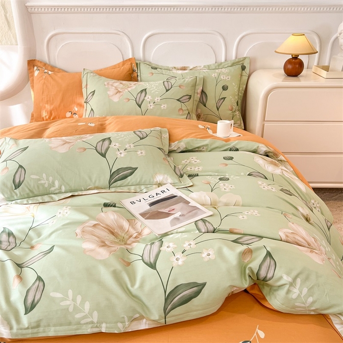 91家纺网 家纺一手货源 找家纺 帛美家纺 2026新款小清新全棉纯棉印花四件套 叶语悠然-绿