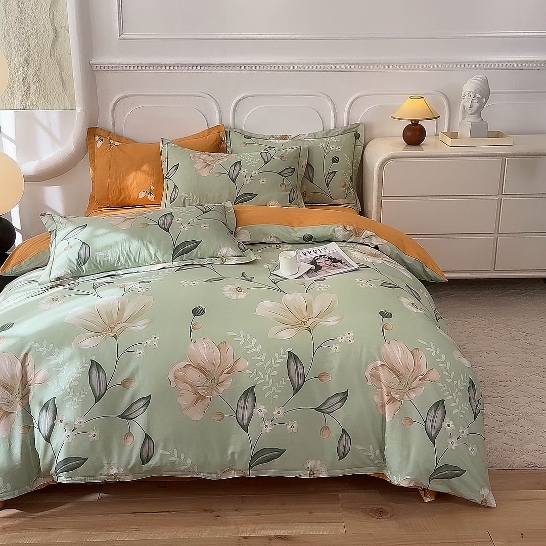 91家纺网 家纺一手货源 找家纺 帛美家纺 2026新款小清新全棉纯棉印花四件套 叶语悠然-绿