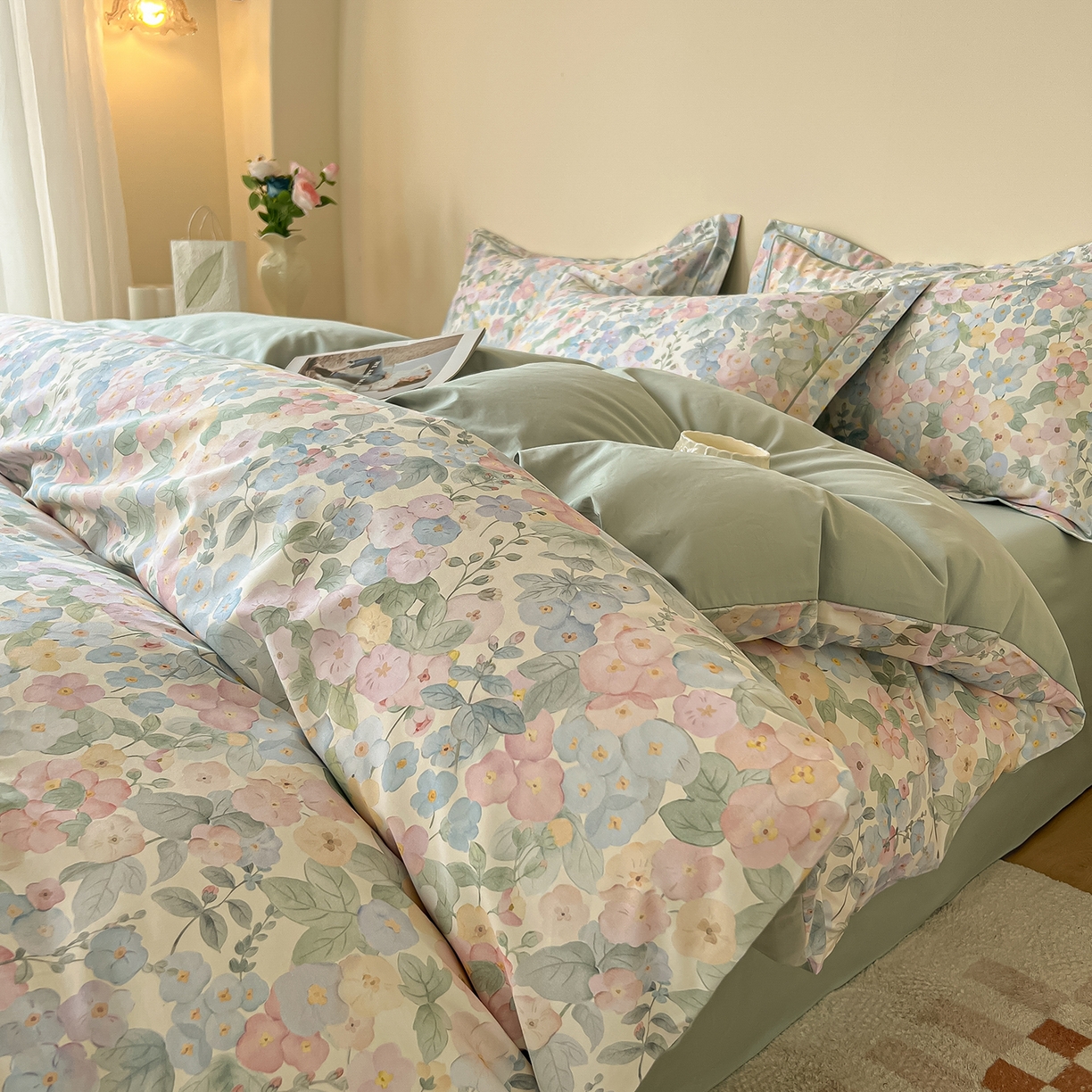 帛美家纺 2026新款小清新全棉纯棉印花四件套 月下花上