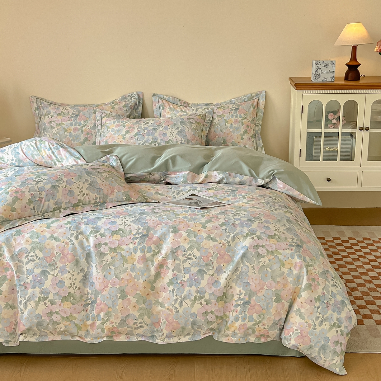 91家纺网 家纺一手货源 找家纺 帛美家纺 2026新款小清新全棉纯棉印花四件套 月下花上