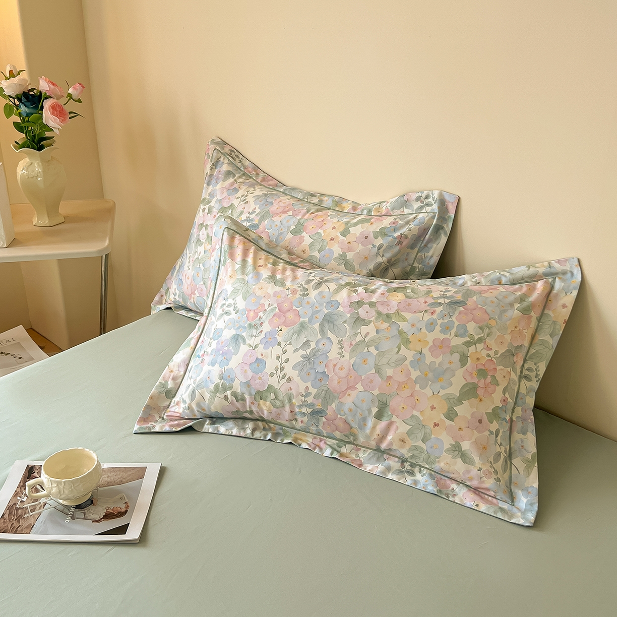 91家纺网 家纺一手货源 找家纺 帛美家纺 2026新款小清新全棉纯棉印花四件套 月下花上