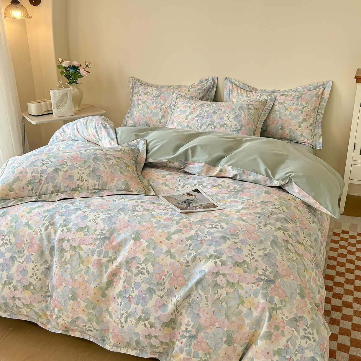 91家纺网 家纺一手货源 找家纺 帛美家纺 2026新款小清新全棉纯棉印花四件套 月下花上