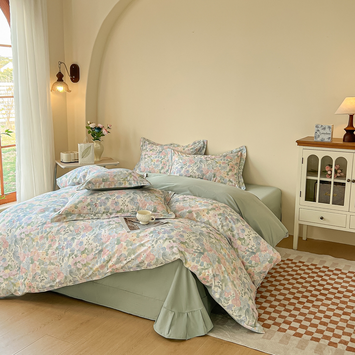 91家纺网 家纺一手货源 找家纺 帛美家纺 2026新款小清新全棉纯棉印花四件套 月下花上