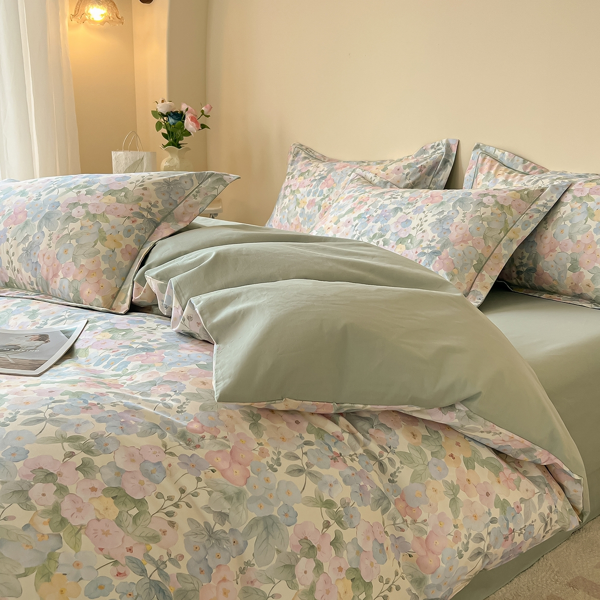 91家纺网 家纺一手货源 找家纺 帛美家纺 2026新款小清新全棉纯棉印花四件套 月下花上