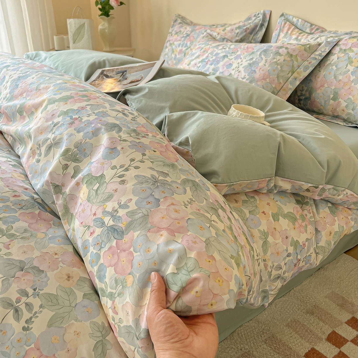 91家纺网 家纺一手货源 找家纺 帛美家纺 2026新款小清新全棉纯棉印花四件套 月下花上