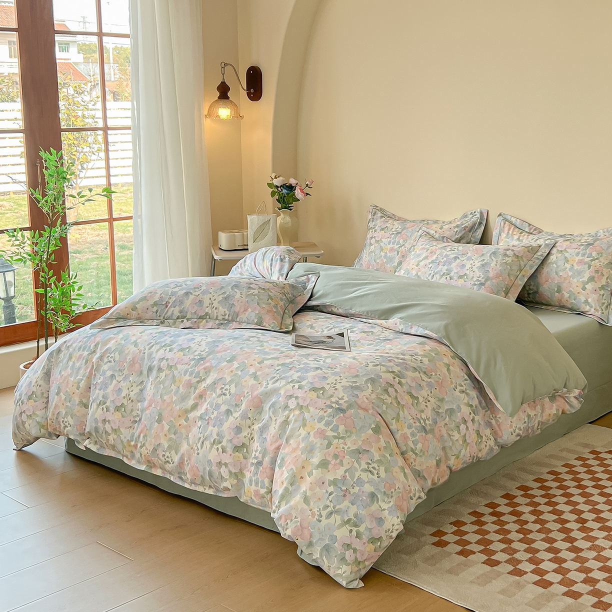 91家纺网 家纺一手货源 找家纺 帛美家纺 2026新款小清新全棉纯棉印花四件套 月下花上