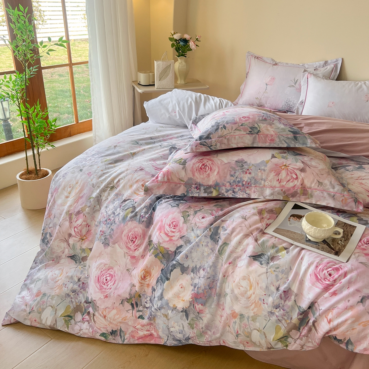 91家纺网 家纺一手货源 找家纺 帛美家纺 2026新款小清新全棉纯棉印花四件套 竹息