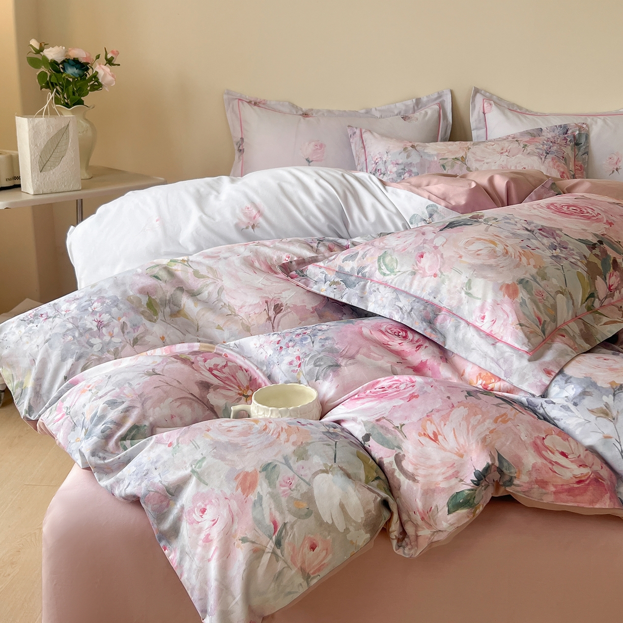 91家纺网 家纺一手货源 找家纺 帛美家纺 2026新款小清新全棉纯棉印花四件套 竹息