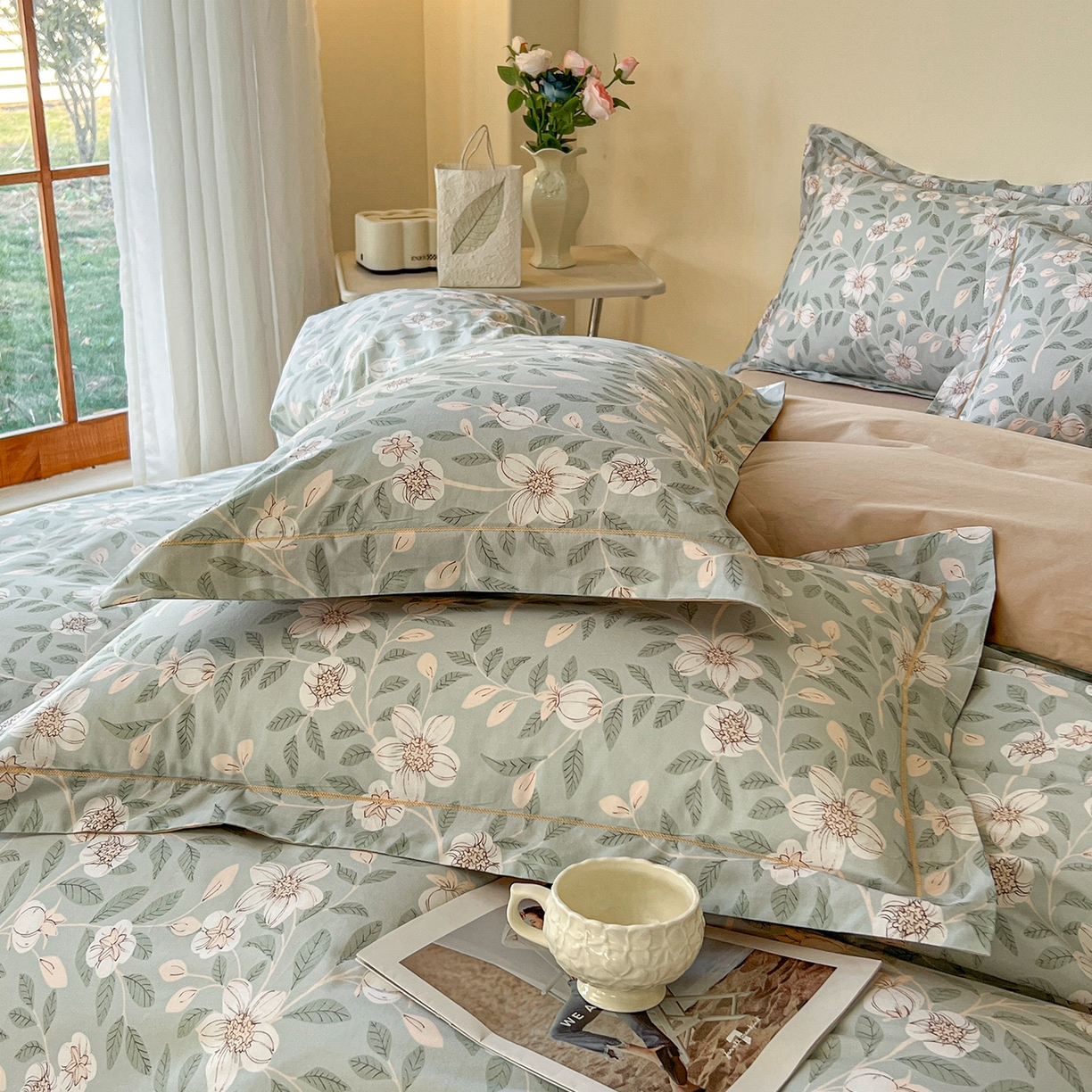 91家纺网 家纺一手货源 找家纺 帛美家纺 2026新款小清新全棉纯棉印花四件套 左岸花开