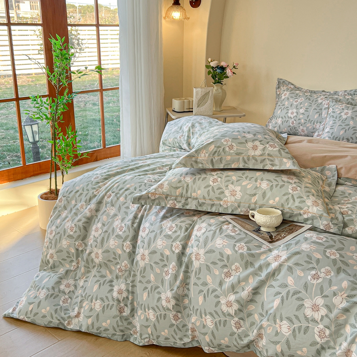 91家纺网 家纺一手货源 找家纺 帛美家纺 2026新款小清新全棉纯棉印花四件套 左岸花开