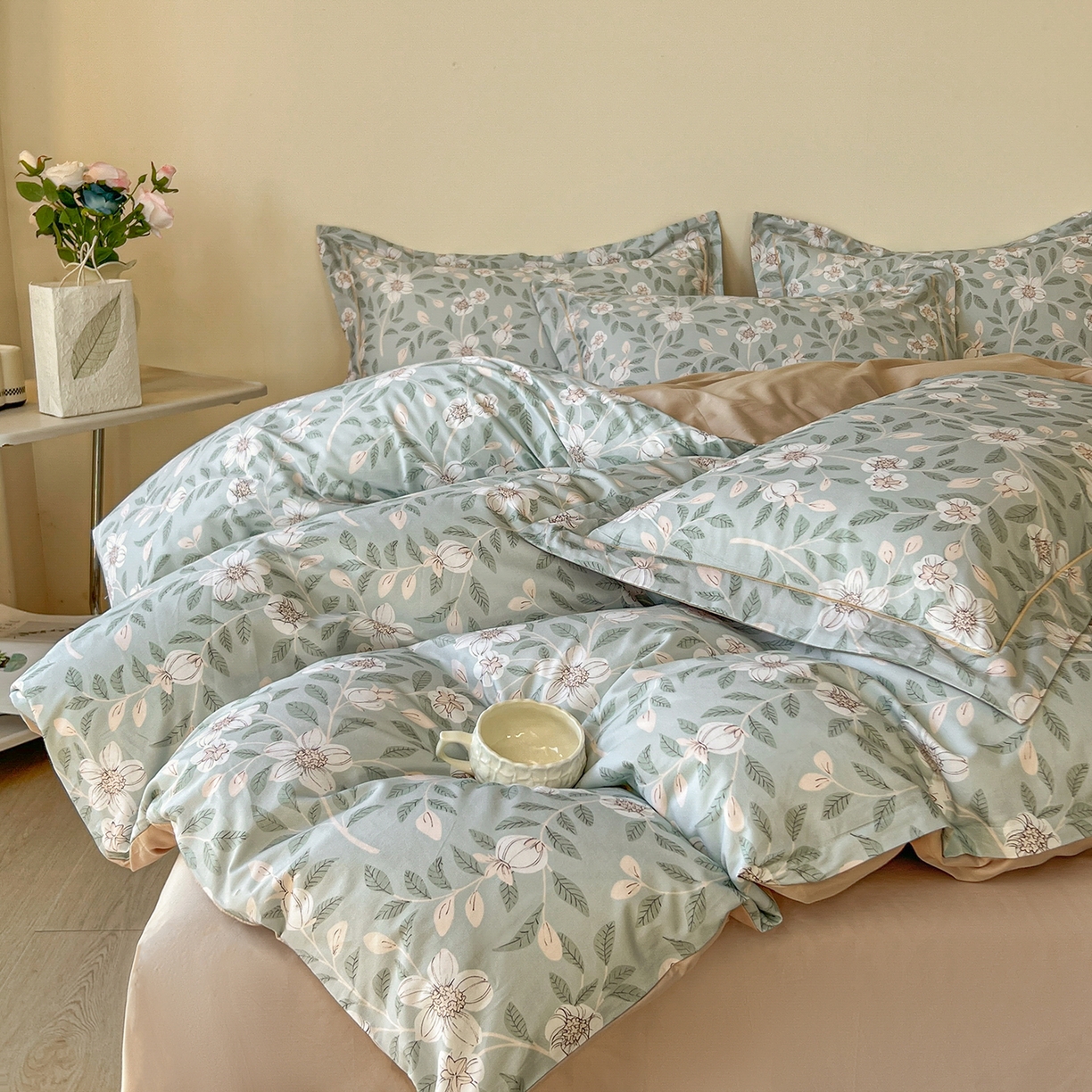 91家纺网 家纺一手货源 找家纺 帛美家纺 2026新款小清新全棉纯棉印花四件套 左岸花开