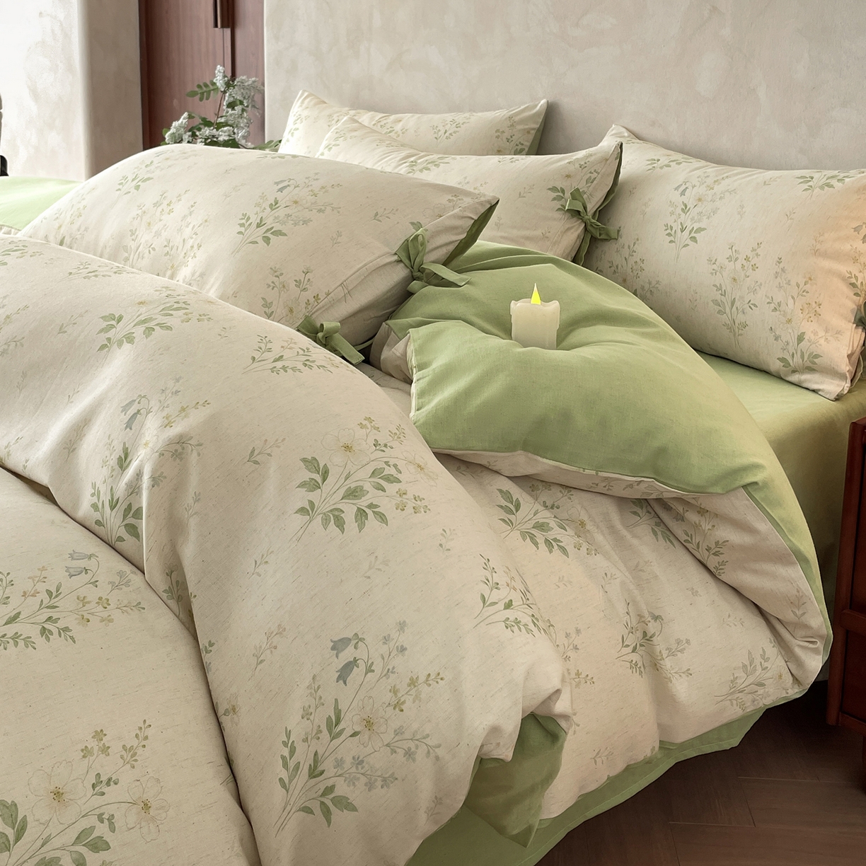 91家纺网 家纺一手货源 找家纺 沐棉家居 2026春夏新款绑带蝴蝶结棉麻四件套 春意