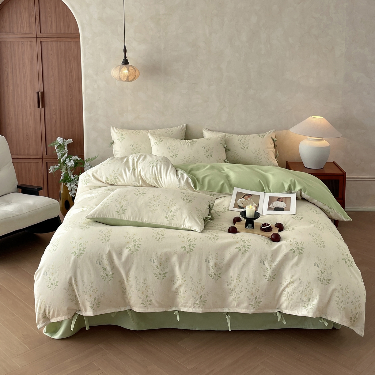 91家纺网 家纺一手货源 找家纺 沐棉家居 2026春夏新款绑带蝴蝶结棉麻四件套 春意