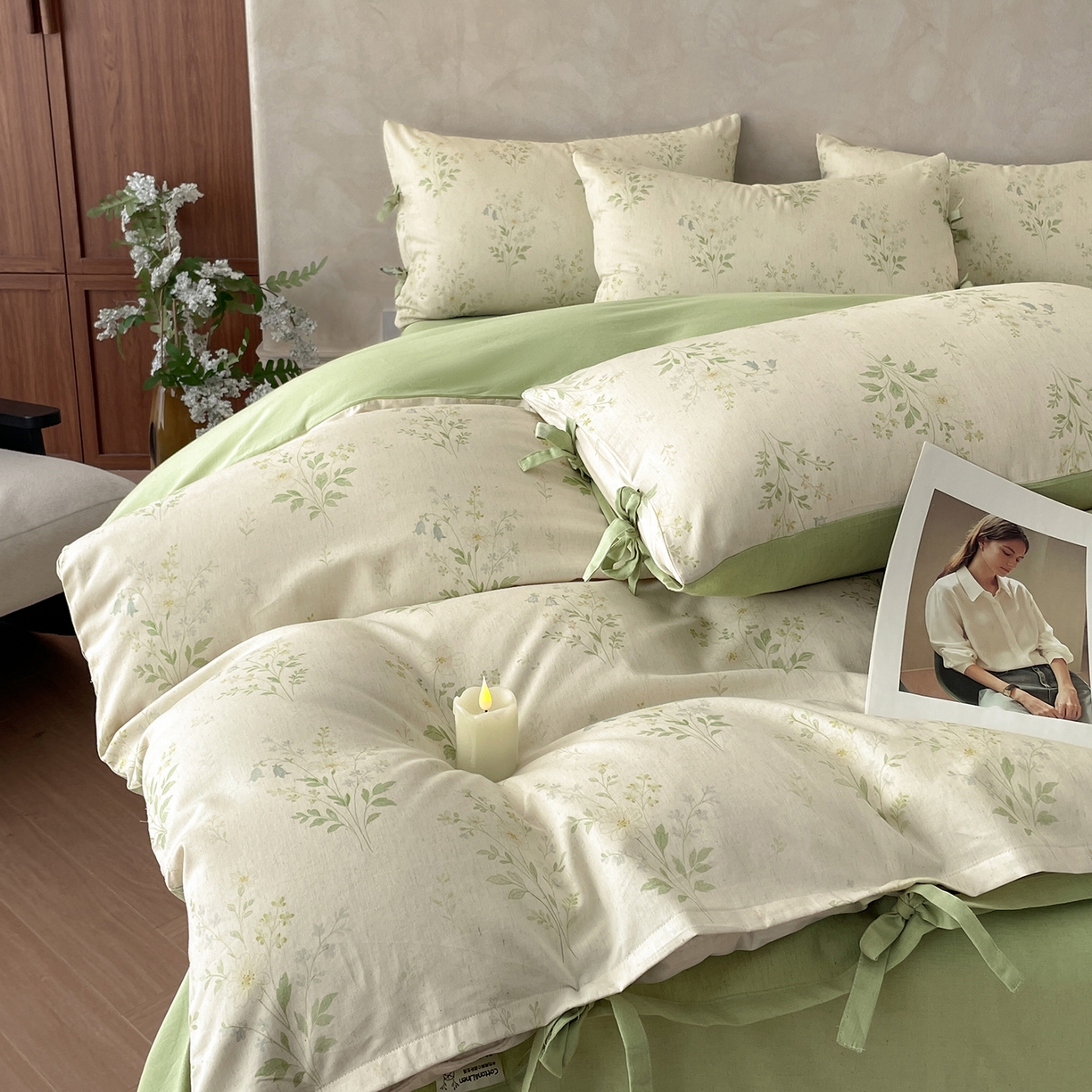 91家纺网 家纺一手货源 找家纺 沐棉家居 2026春夏新款绑带蝴蝶结棉麻四件套 春意