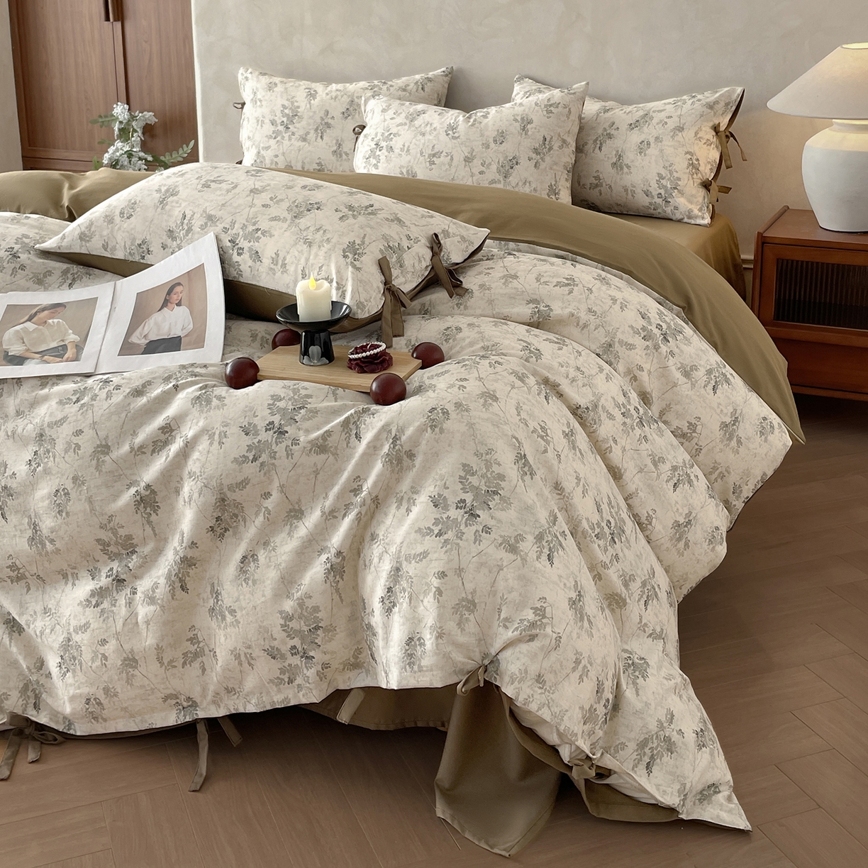 沐棉家居 2026春夏新款绑带蝴蝶结棉麻四件套 暮色