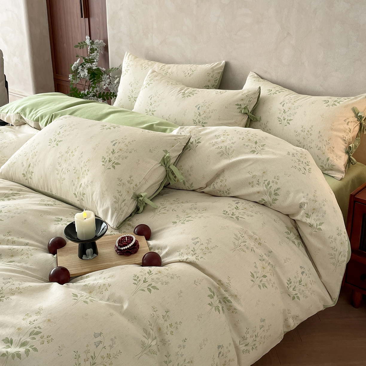 91家纺网 家纺一手货源 找家纺 沐棉家居 2026春夏新款绑带蝴蝶结棉麻四件套 春意