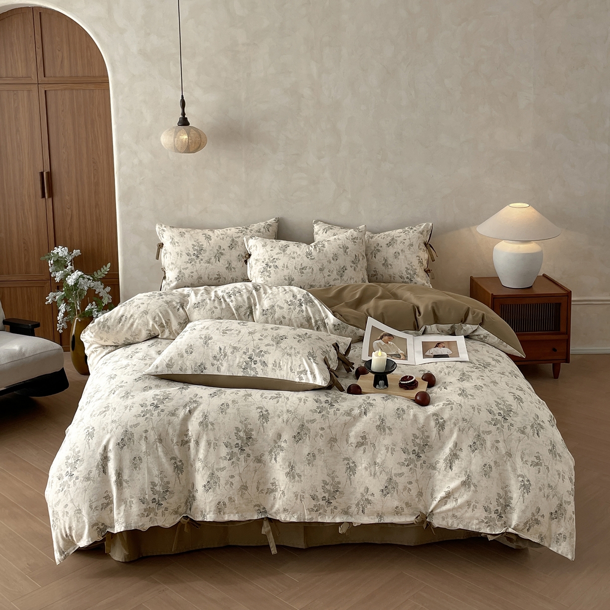 91家纺网 家纺一手货源 找家纺 沐棉家居 2026春夏新款绑带蝴蝶结棉麻四件套 暮色