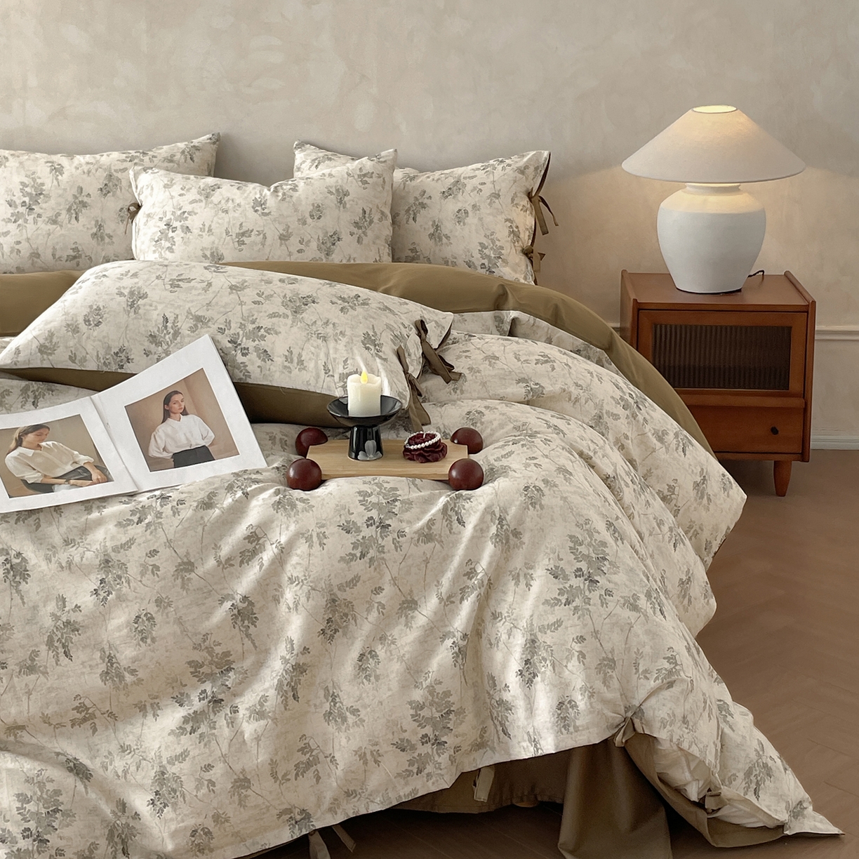 91家纺网 家纺一手货源 找家纺 沐棉家居 2026春夏新款绑带蝴蝶结棉麻四件套 暮色