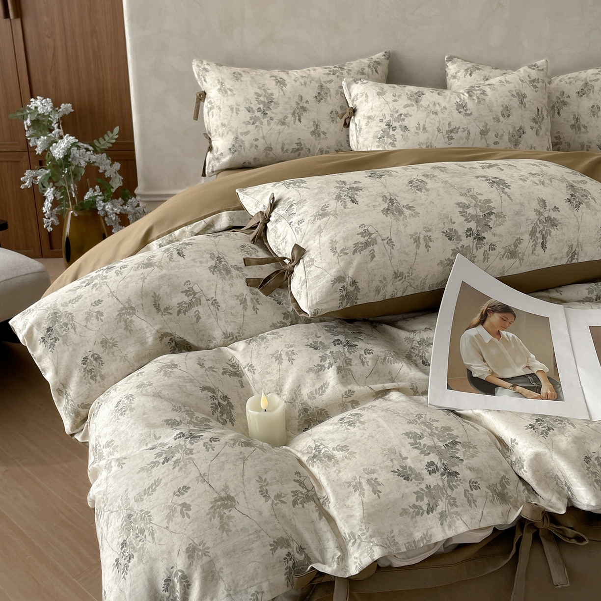 91家纺网 家纺一手货源 找家纺 沐棉家居 2026春夏新款绑带蝴蝶结棉麻四件套 暮色