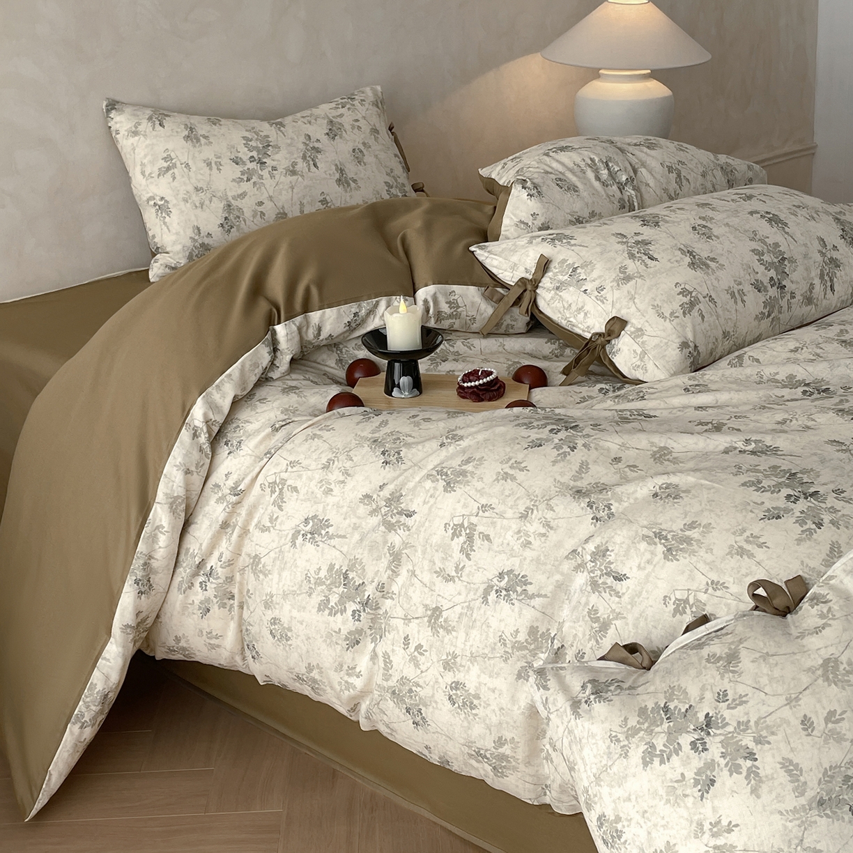 91家纺网 家纺一手货源 找家纺 沐棉家居 2026春夏新款绑带蝴蝶结棉麻四件套 暮色