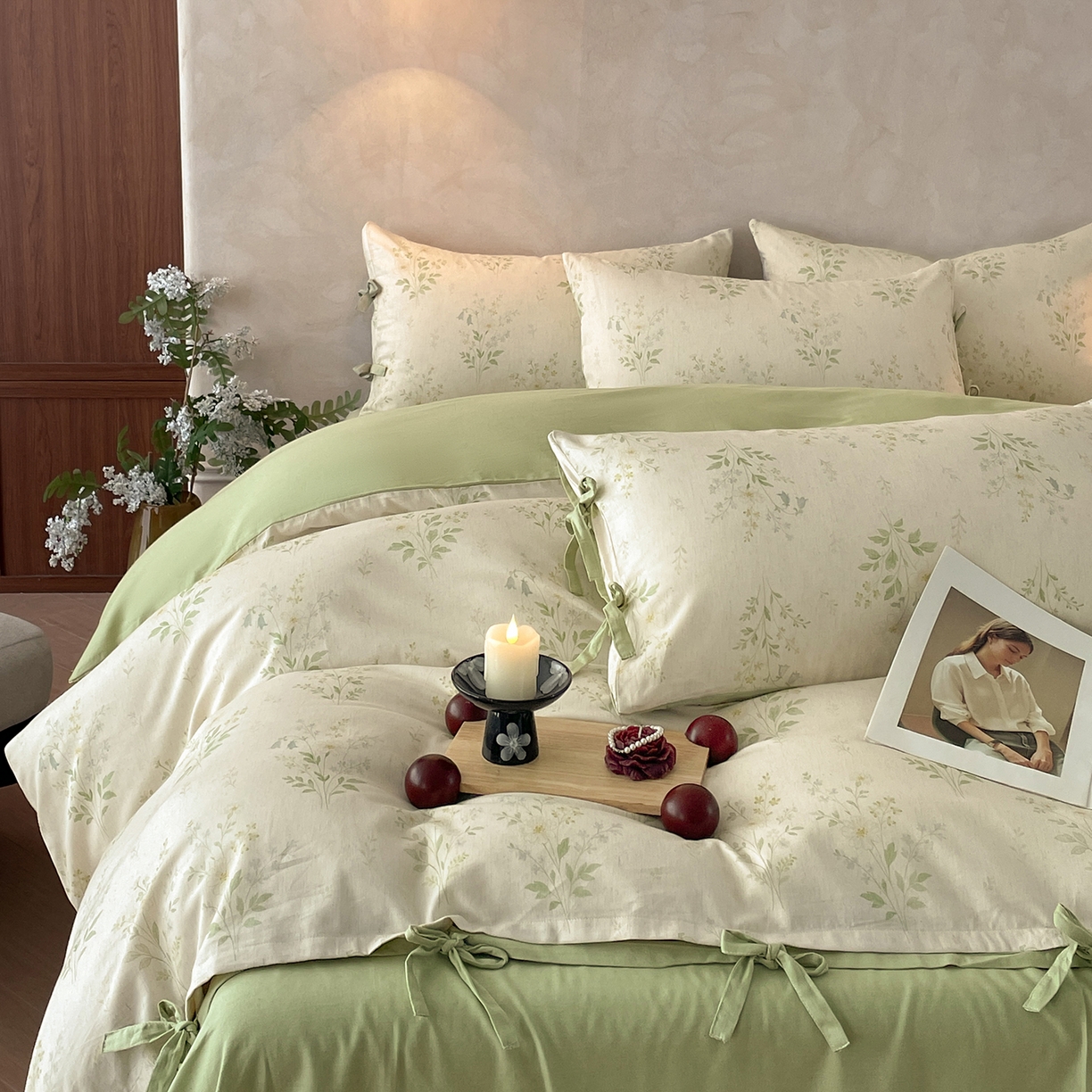 91家纺网 家纺一手货源 找家纺 沐棉家居 2026春夏新款绑带蝴蝶结棉麻四件套 春意