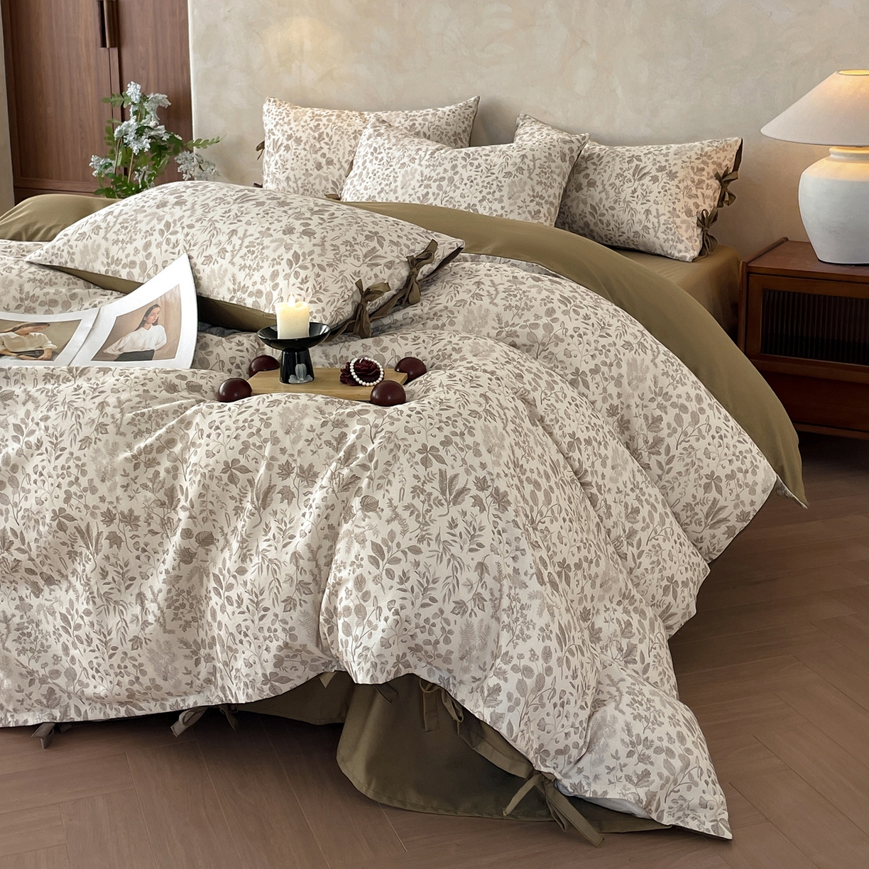 沐棉家居 2026春夏新款绑带蝴蝶结棉麻四件套 一叶知秋