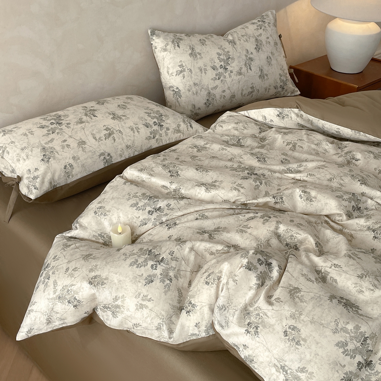 91家纺网 家纺一手货源 找家纺 沐棉家居 2026春夏新款绑带蝴蝶结棉麻四件套 暮色