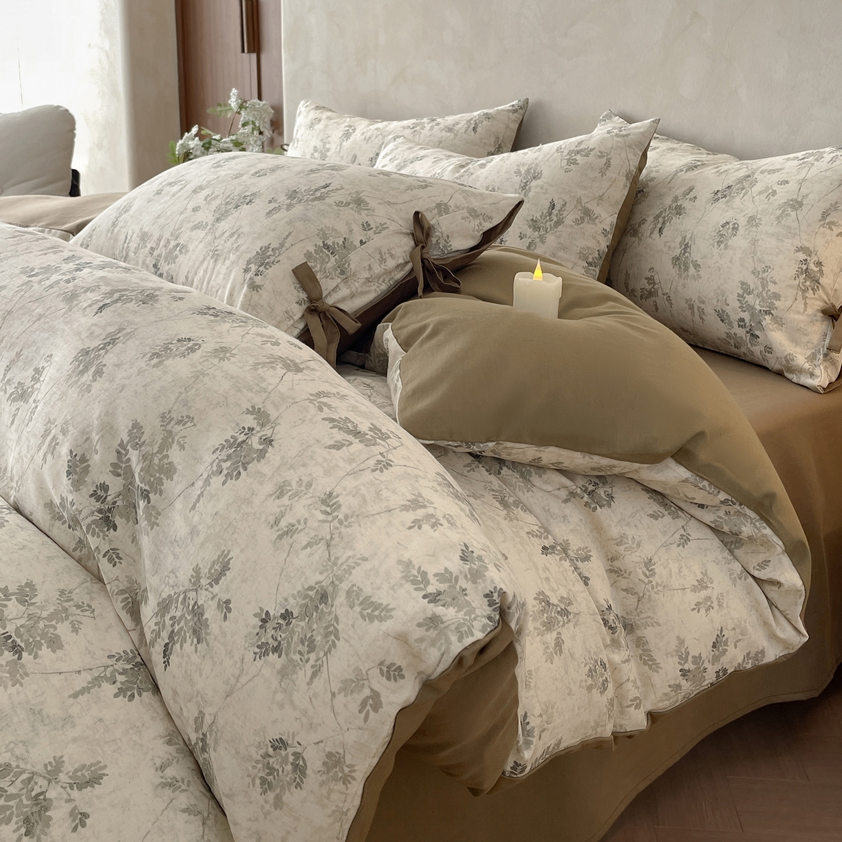 91家纺网 家纺一手货源 找家纺 沐棉家居 2026春夏新款绑带蝴蝶结棉麻四件套 暮色