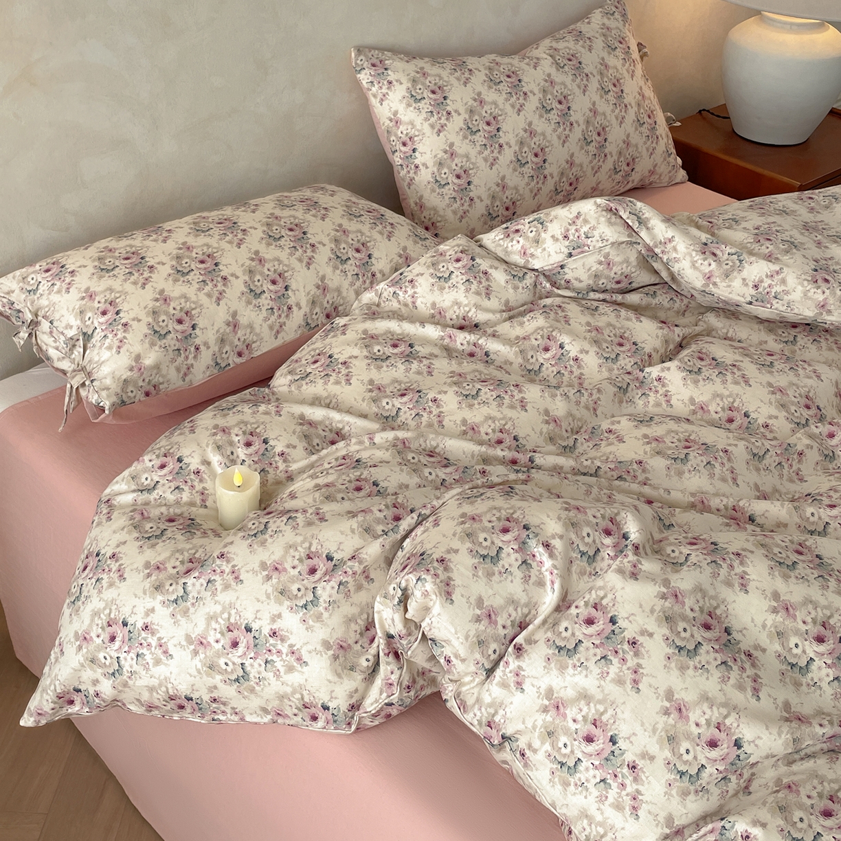 91家纺网 家纺一手货源 找家纺 沐棉家居 2026春夏新款绑带蝴蝶结棉麻四件套 花田