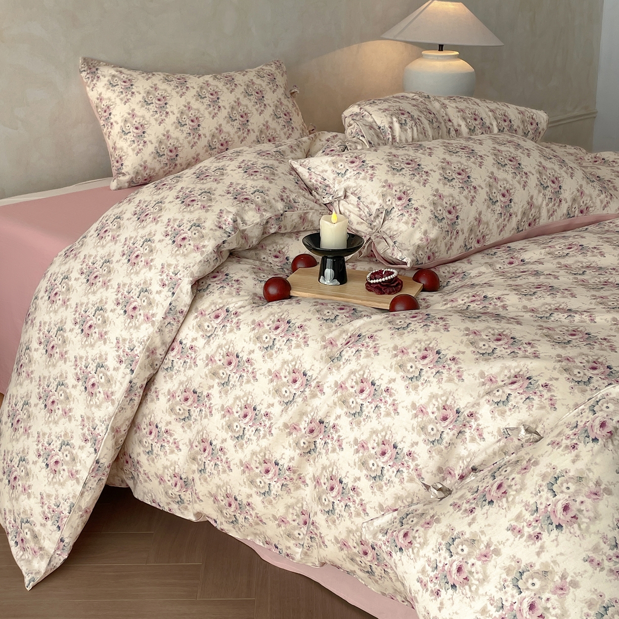 91家纺网 家纺一手货源 找家纺 沐棉家居 2026春夏新款绑带蝴蝶结棉麻四件套 花田