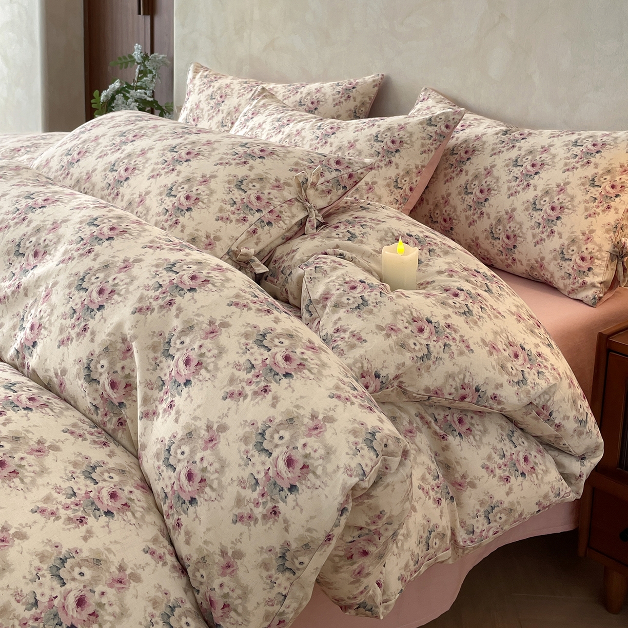 91家纺网 家纺一手货源 找家纺 沐棉家居 2026春夏新款绑带蝴蝶结棉麻四件套 花田