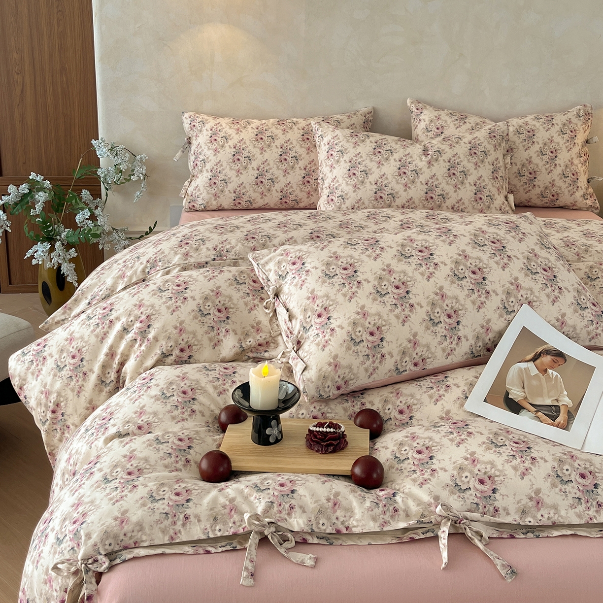 91家纺网 家纺一手货源 找家纺 沐棉家居 2026春夏新款绑带蝴蝶结棉麻四件套 花田