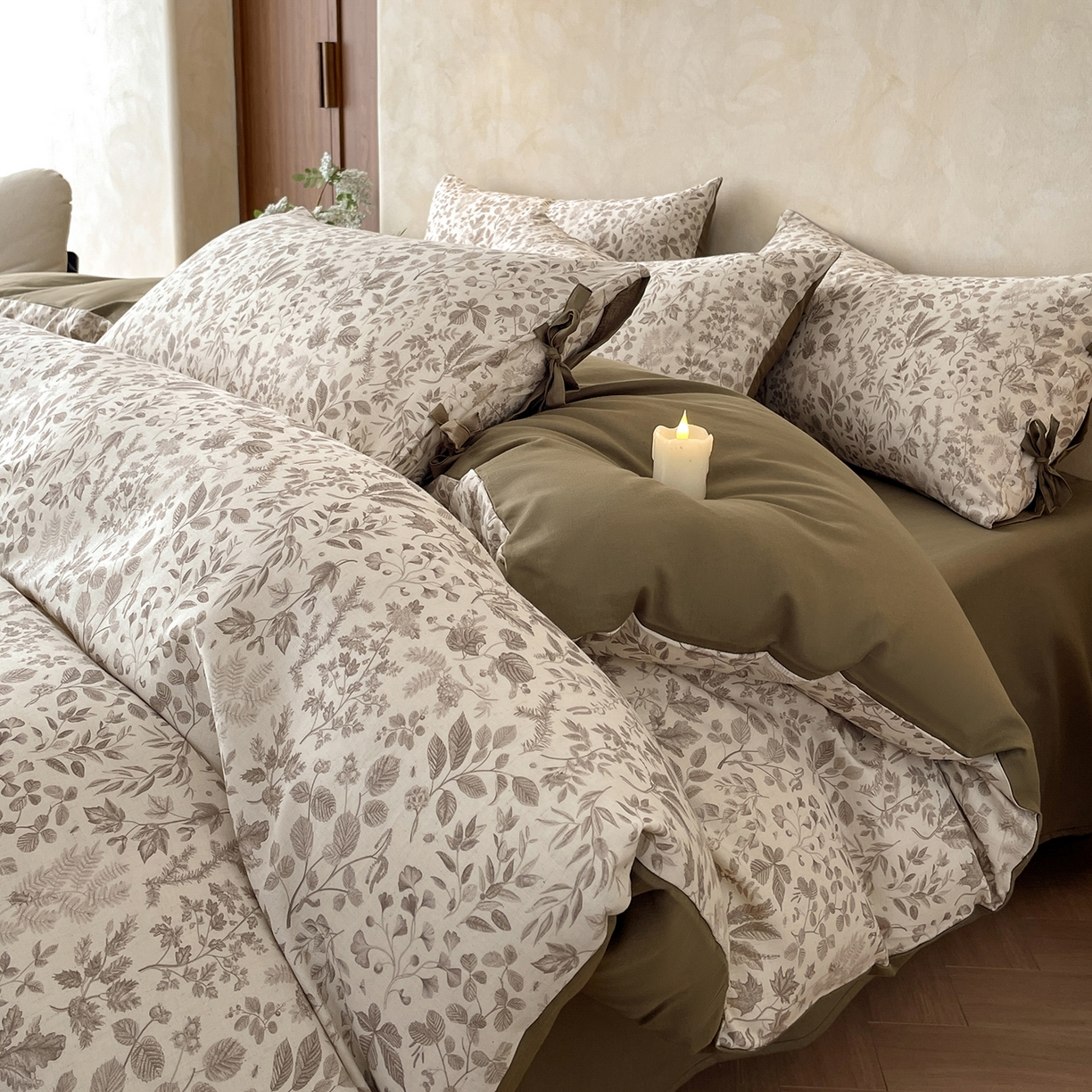 91家纺网 家纺一手货源 找家纺 沐棉家居 2026春夏新款绑带蝴蝶结棉麻四件套 一叶知秋