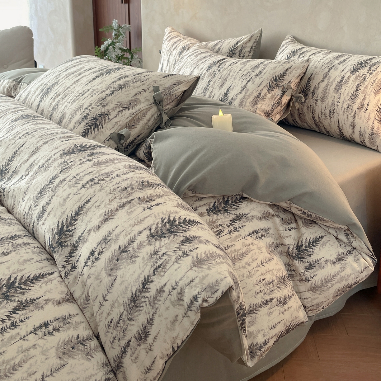 91家纺网 家纺一手货源 找家纺 沐棉家居 2026春夏新款绑带蝴蝶结棉麻四件套 觅森