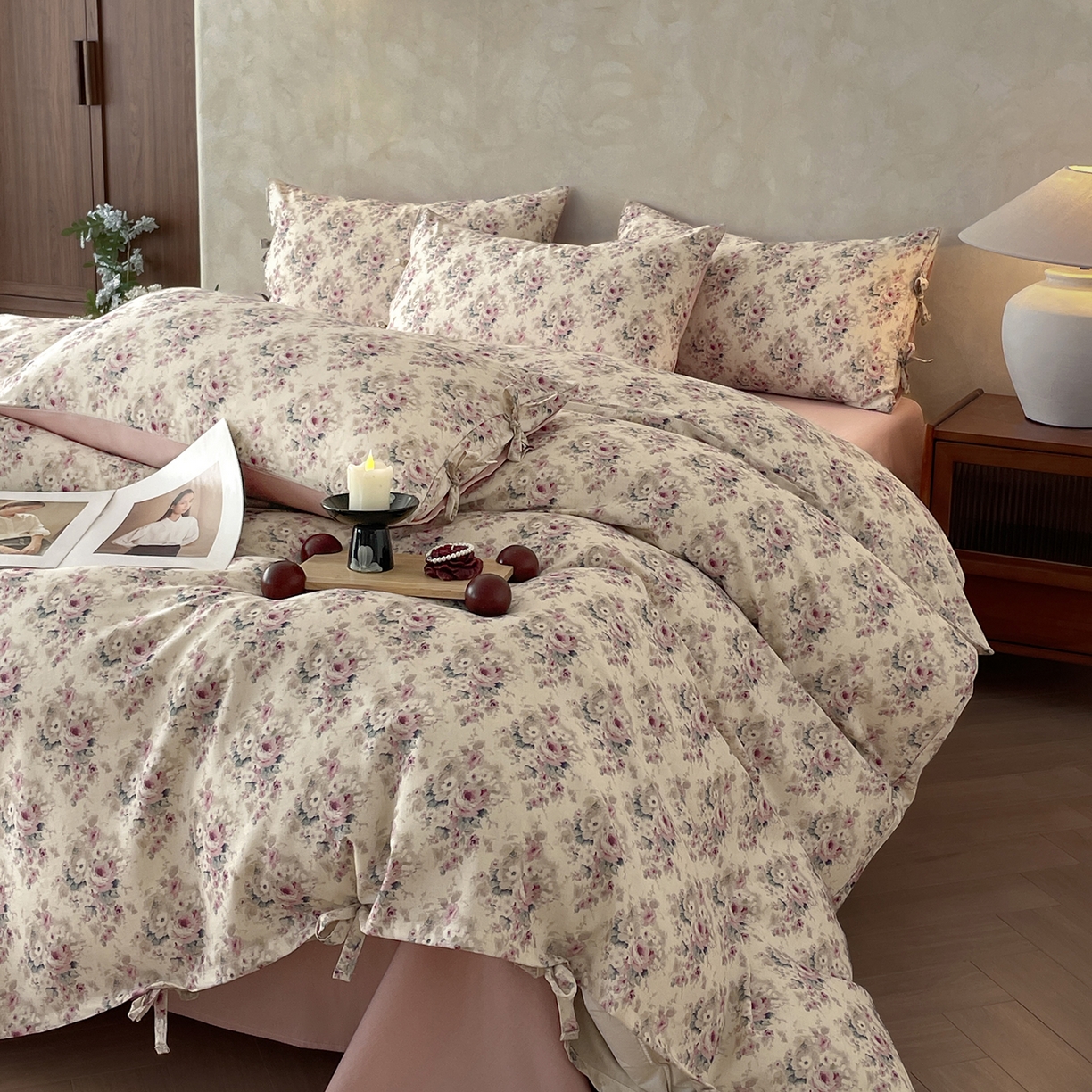 沐棉家居 2026春夏新款绑带蝴蝶结棉麻四件套 花田