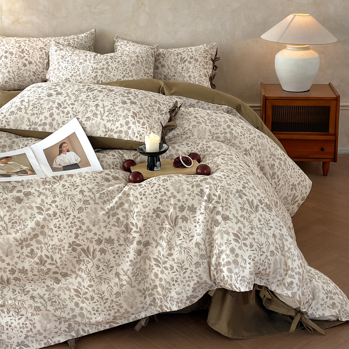 91家纺网 家纺一手货源 找家纺 沐棉家居 2026春夏新款绑带蝴蝶结棉麻四件套 一叶知秋