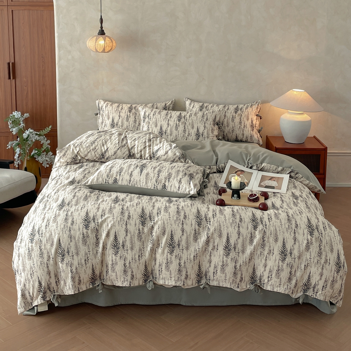 91家纺网 家纺一手货源 找家纺 沐棉家居 2026春夏新款绑带蝴蝶结棉麻四件套 觅森