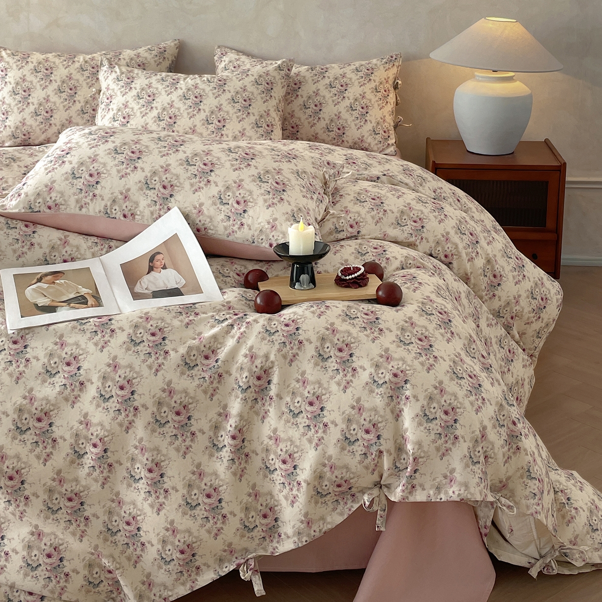 91家纺网 家纺一手货源 找家纺 沐棉家居 2026春夏新款绑带蝴蝶结棉麻四件套 花田