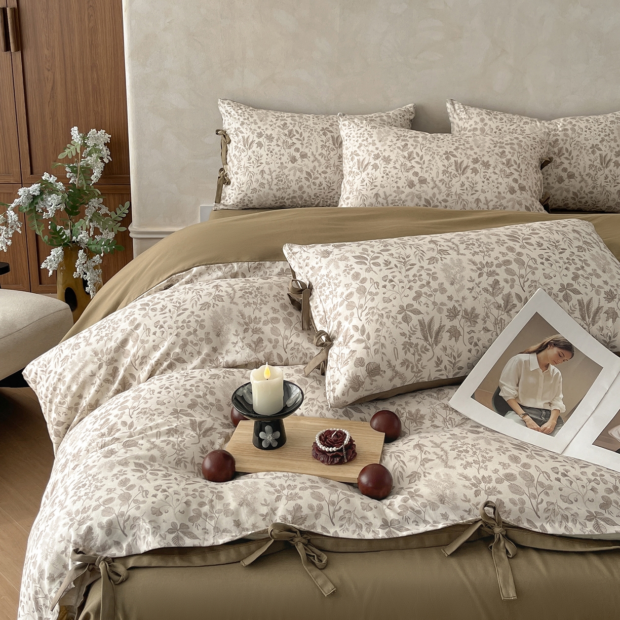 91家纺网 家纺一手货源 找家纺 沐棉家居 2026春夏新款绑带蝴蝶结棉麻四件套 一叶知秋