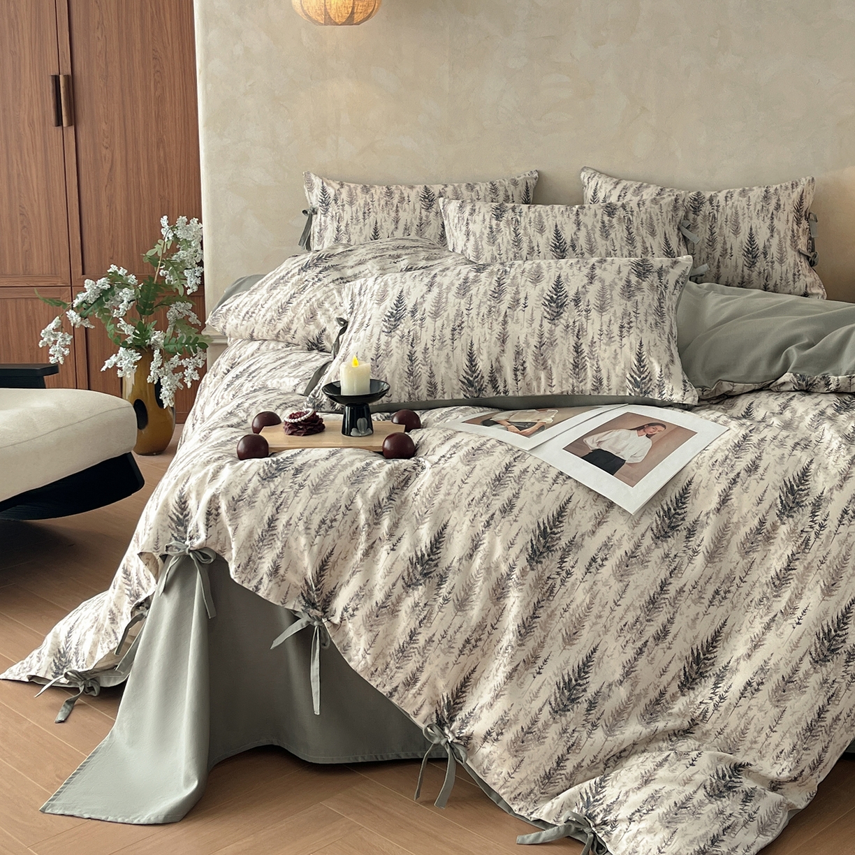 91家纺网 家纺一手货源 找家纺 沐棉家居 2026春夏新款绑带蝴蝶结棉麻四件套 觅森