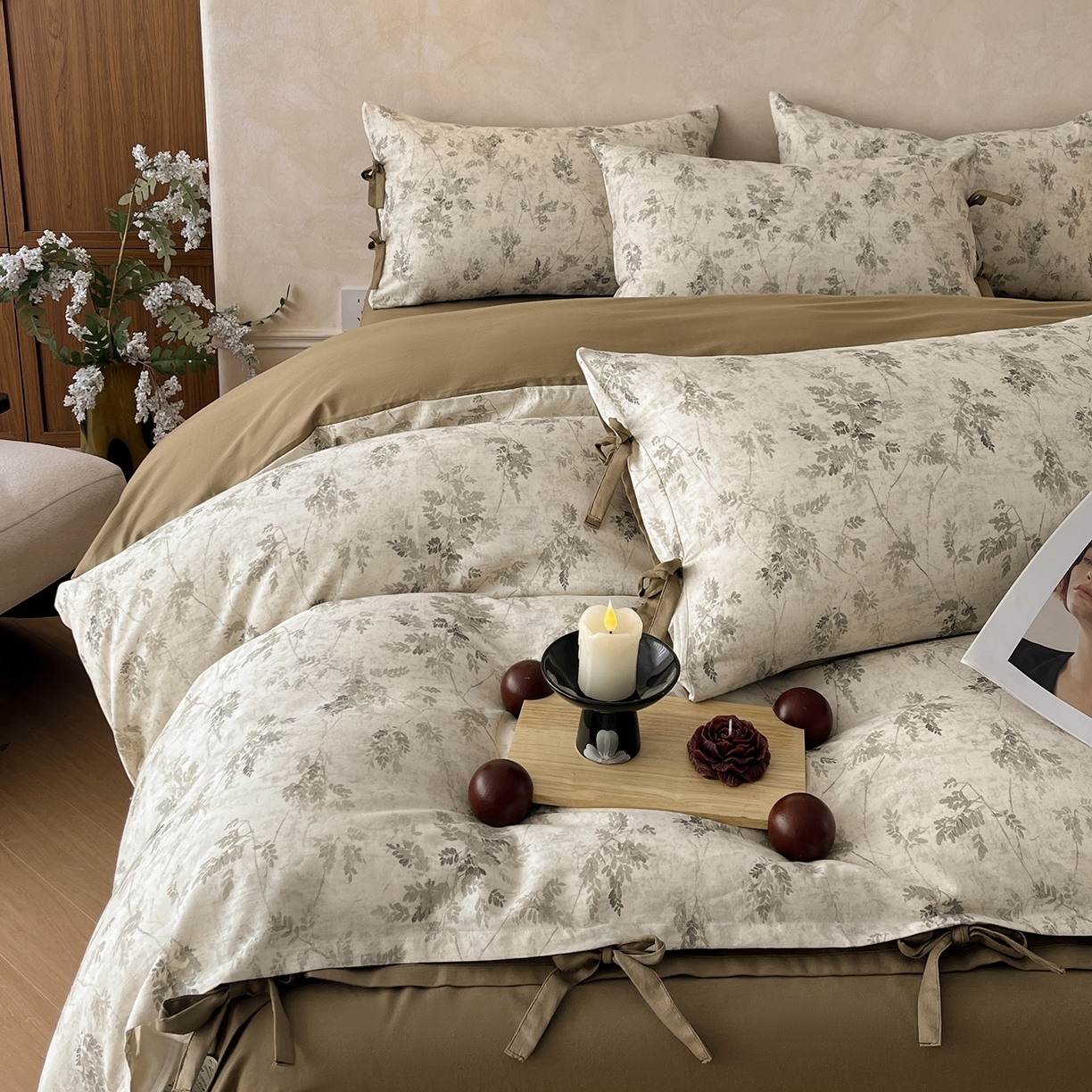 91家纺网 家纺一手货源 找家纺 沐棉家居 2026春夏新款绑带蝴蝶结棉麻四件套 暮色