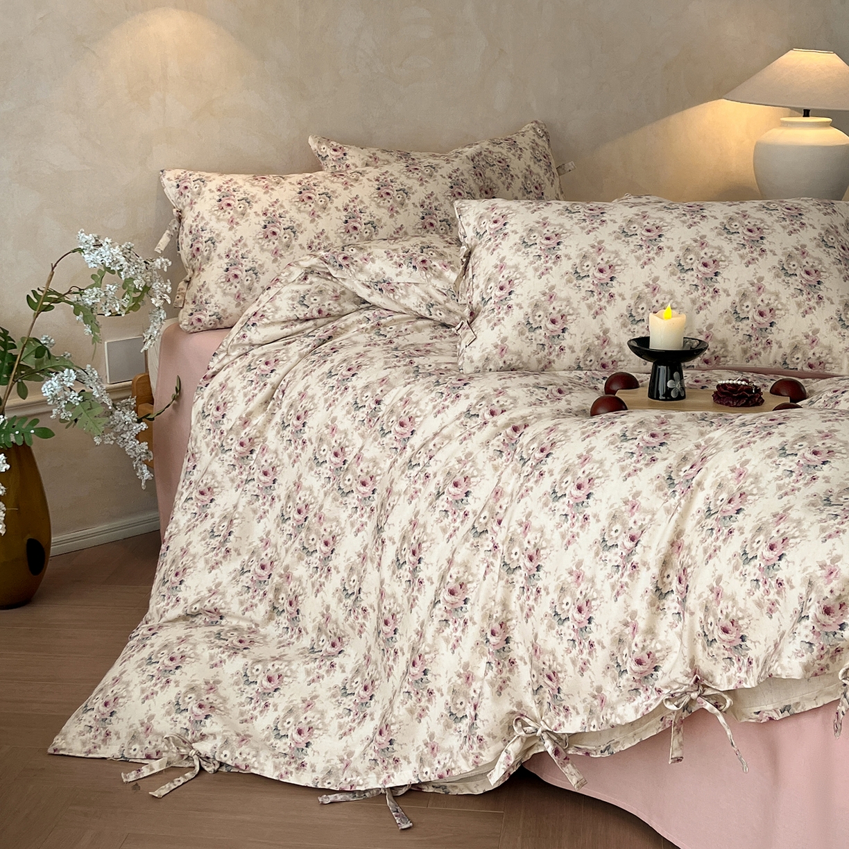 91家纺网 家纺一手货源 找家纺 沐棉家居 2026春夏新款绑带蝴蝶结棉麻四件套 花田