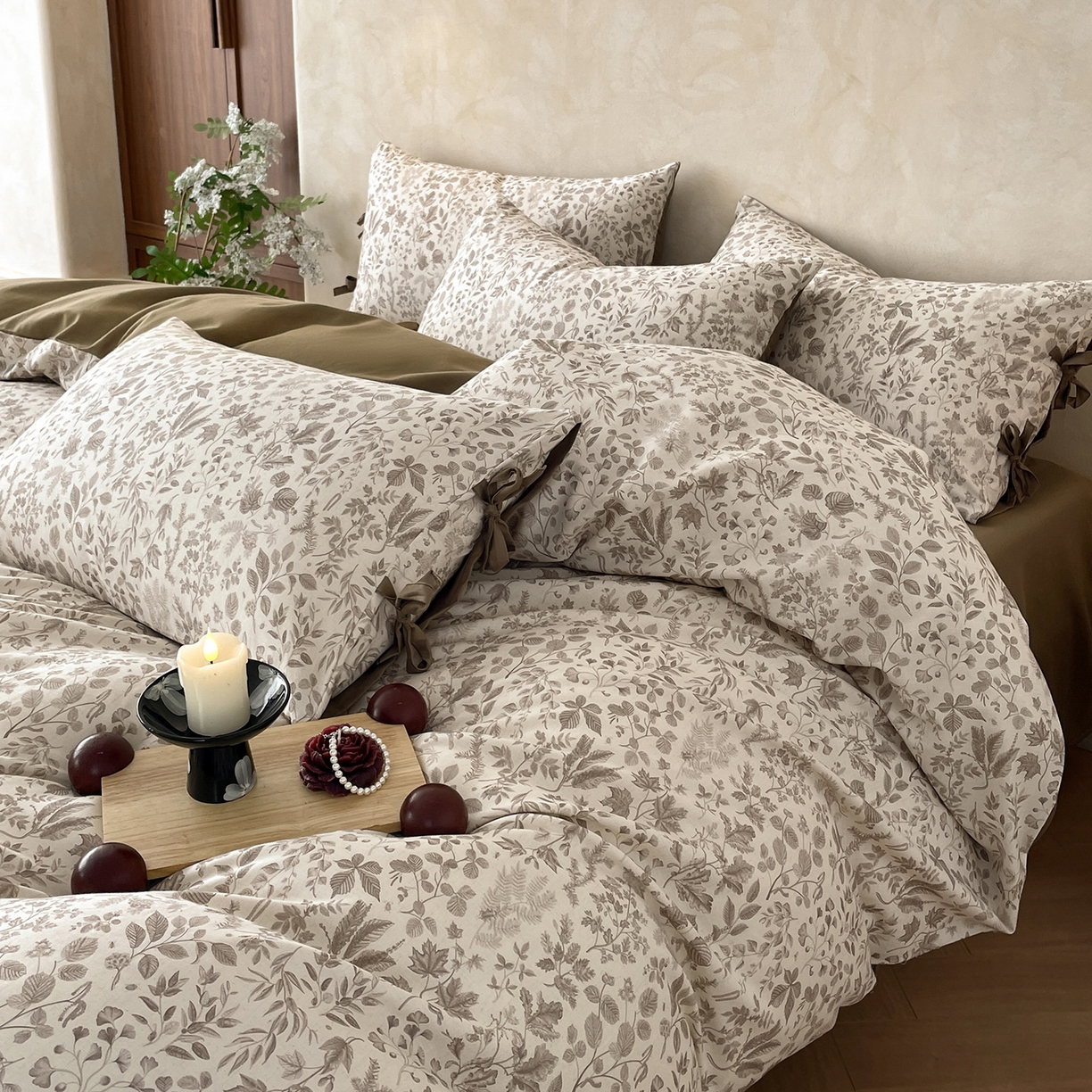 91家纺网 家纺一手货源 找家纺 沐棉家居 2026春夏新款绑带蝴蝶结棉麻四件套 一叶知秋