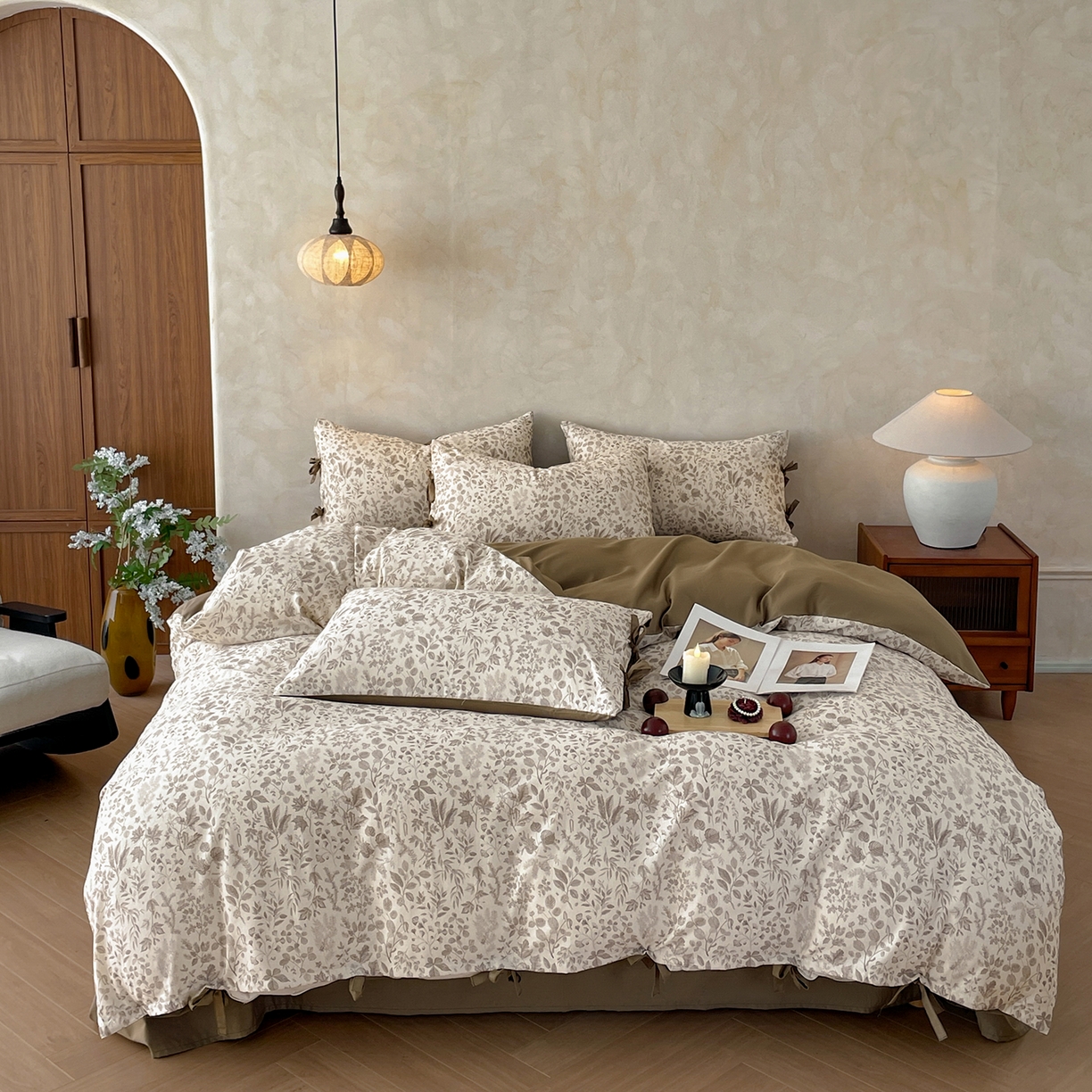 91家纺网 家纺一手货源 找家纺 沐棉家居 2026春夏新款绑带蝴蝶结棉麻四件套 一叶知秋