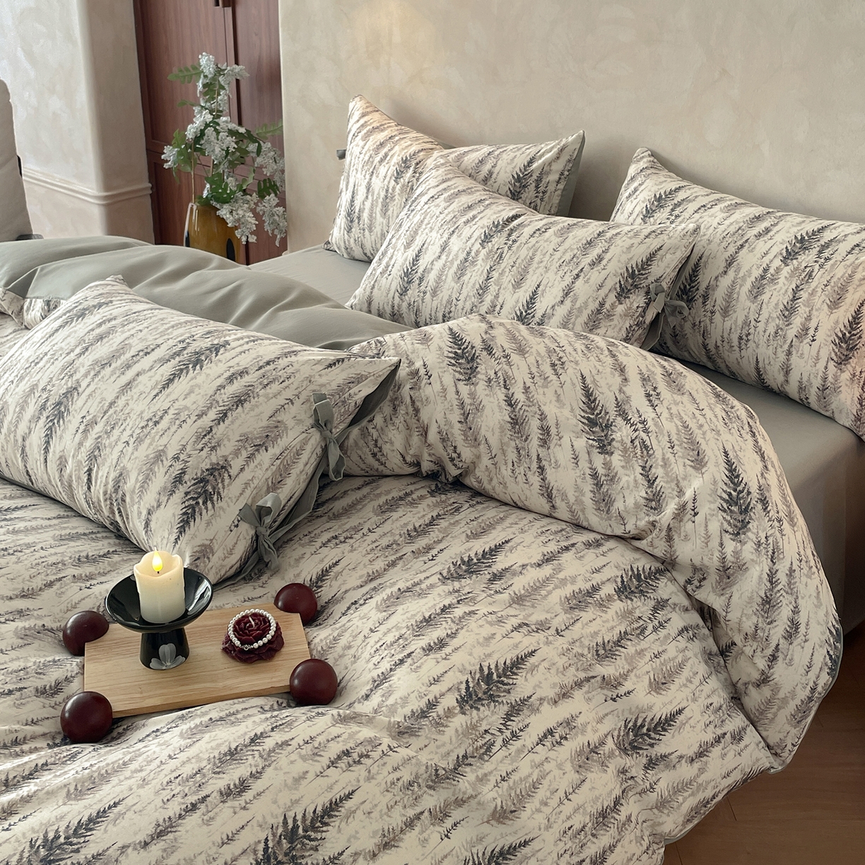 91家纺网 家纺一手货源 找家纺 沐棉家居 2026春夏新款绑带蝴蝶结棉麻四件套 觅森