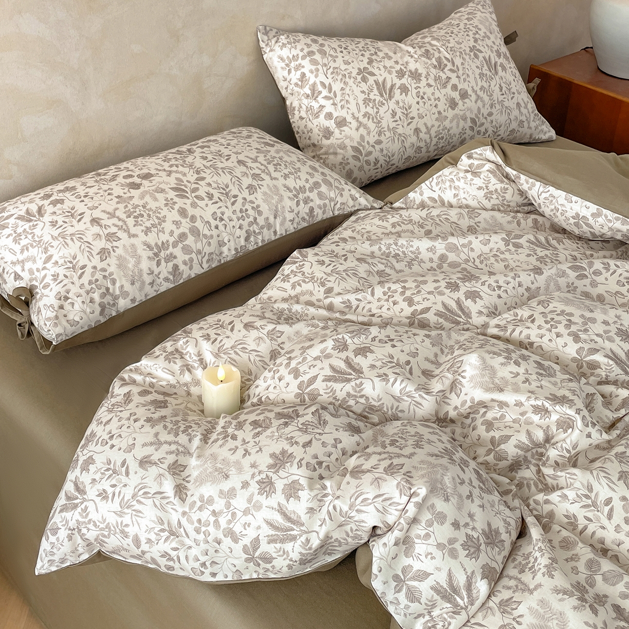 91家纺网 家纺一手货源 找家纺 沐棉家居 2026春夏新款绑带蝴蝶结棉麻四件套 一叶知秋