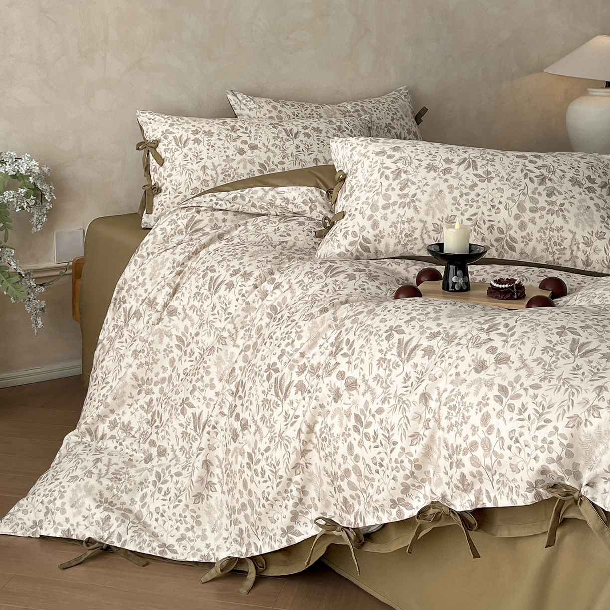 91家纺网 家纺一手货源 找家纺 沐棉家居 2026春夏新款绑带蝴蝶结棉麻四件套 一叶知秋