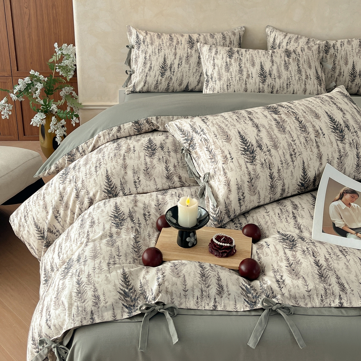 91家纺网 家纺一手货源 找家纺 沐棉家居 2026春夏新款绑带蝴蝶结棉麻四件套 觅森