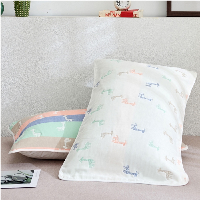 91家纺网 家纺一手货源 找家纺 朴尔家纺-毛巾被 2026新款六层纱布全棉循环小花型枕巾 长颈鹿